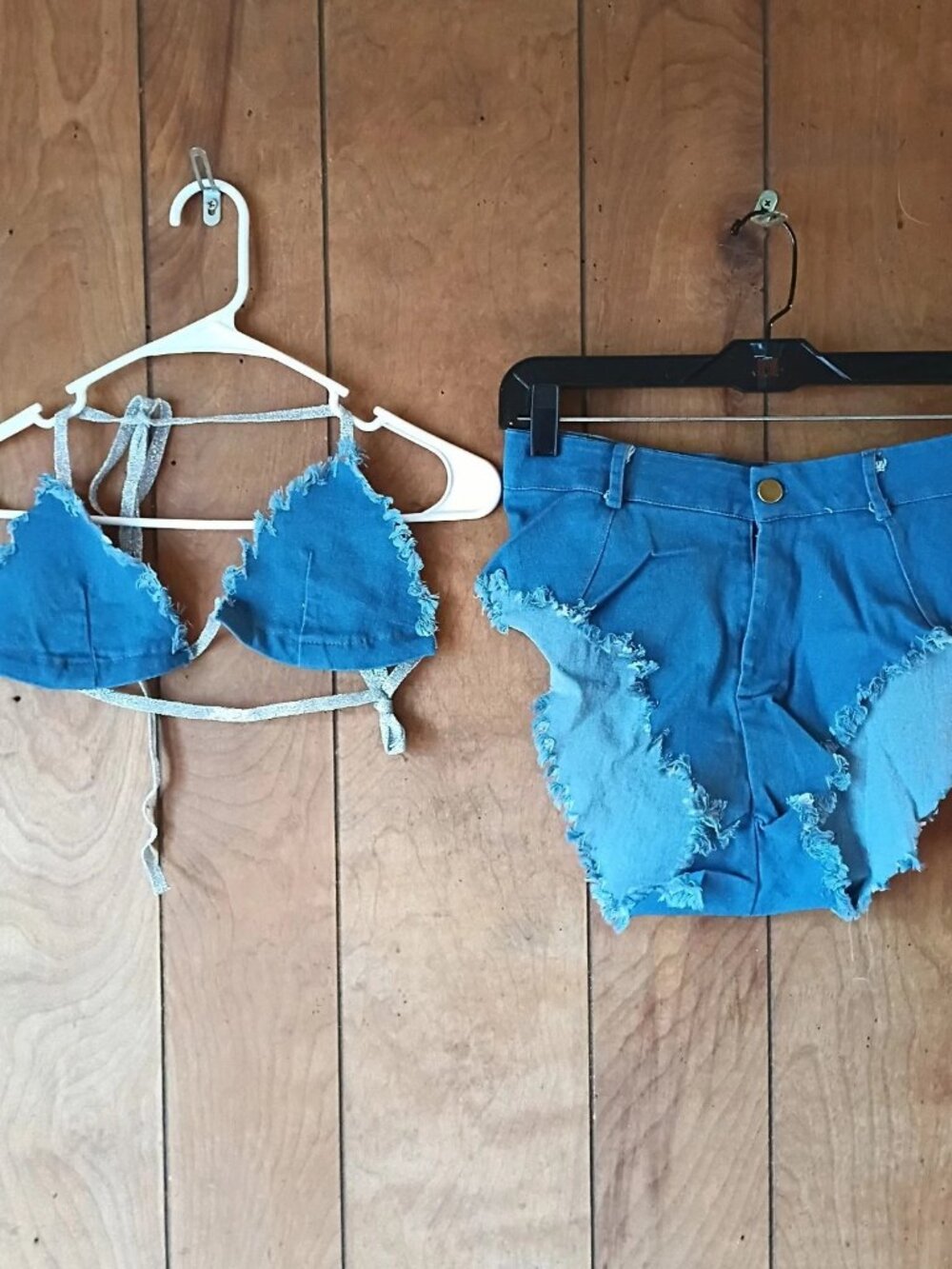 Women’s Denim Bikini Set Size M Blue Jean Triangle Top High Waist Distressed
